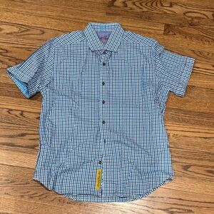 Robert Graham Blue and Turquoise Check Short-Sleeve Button-Down Shirt XL